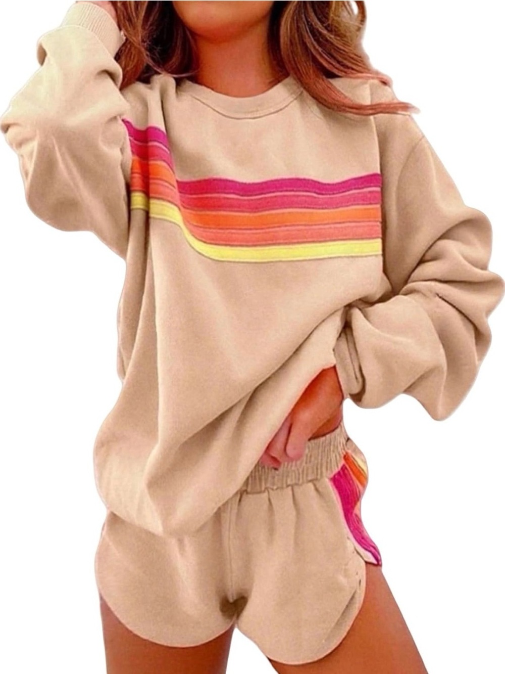 Apricot- Beige Crewneck Sweatshirt & Shorts Set with Rainbow Stripe